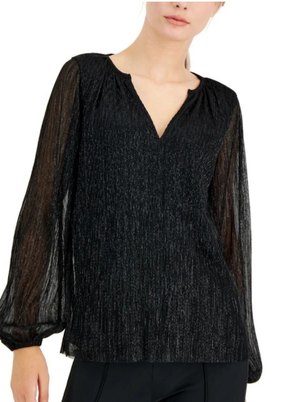 Alfani Black Silver metallic shimmer long sleeve Pleared V neck top Sz PP Or PXS